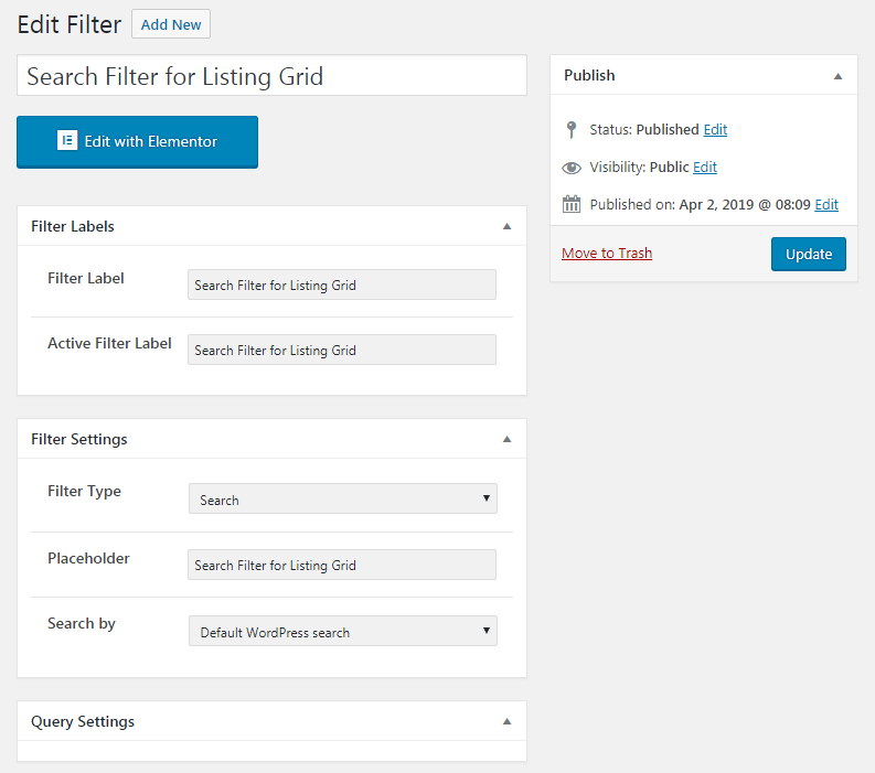 search filter for listing grid