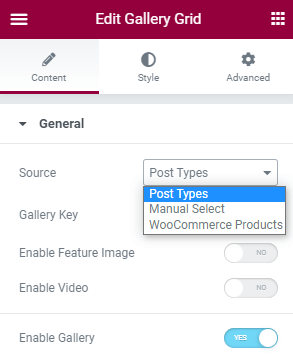 post types source for the gallery grid widget in elementor