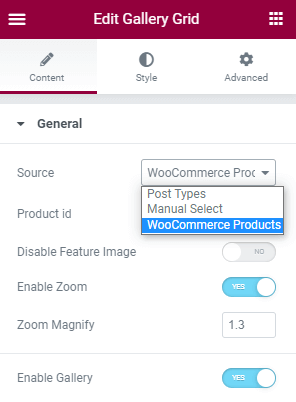 woocommerce products source in the gallery grid widget