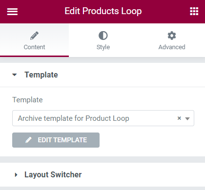 archive item template in the products loop widget