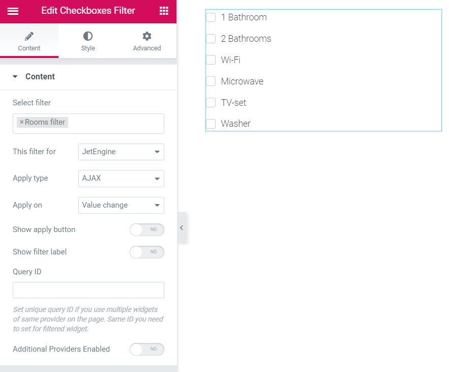 checkbox filter settings in elementor