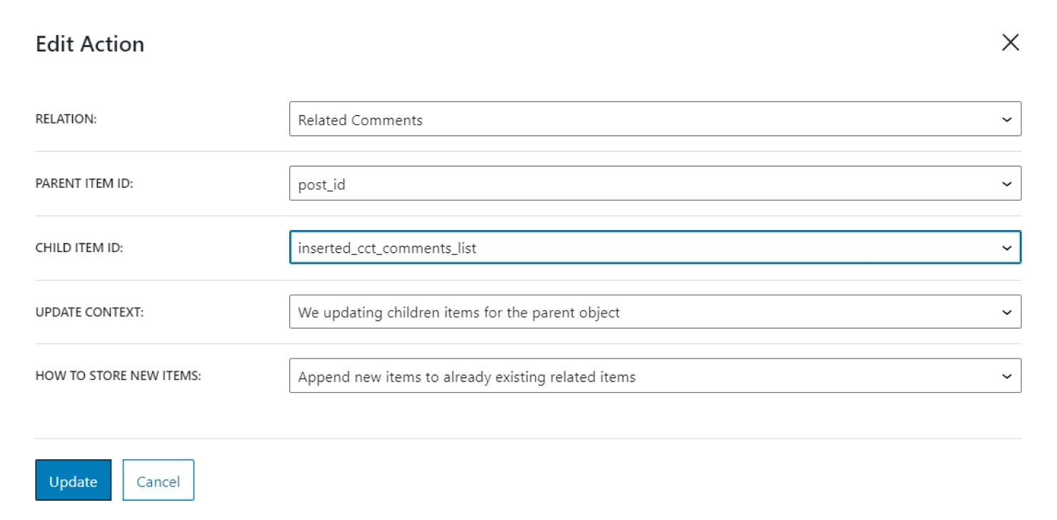 configuring the connect relation items action to connect comments to the current post