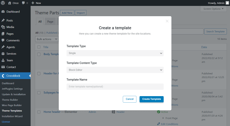 create a template popup with block editor