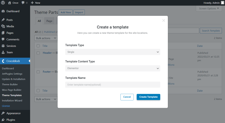 create a template popup with elementor