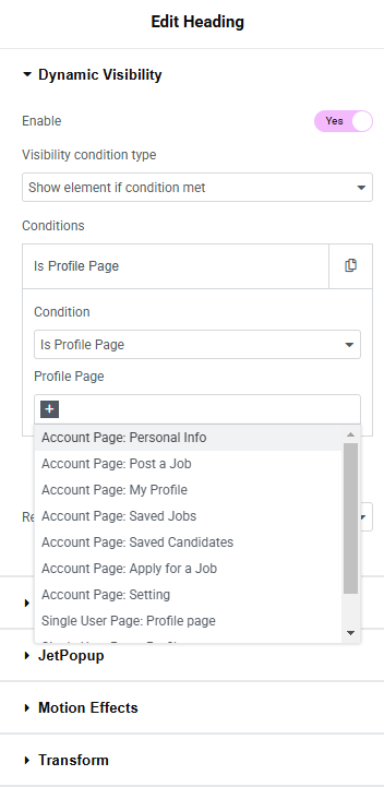 dynamic visibility is profile page condition