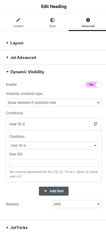 dynamic visibility user id is condition