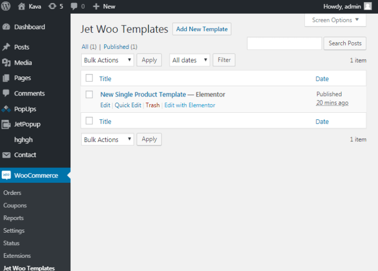 JetWooTemplates in WooCommerce option