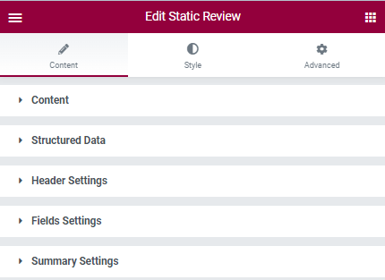edit static review widget settings