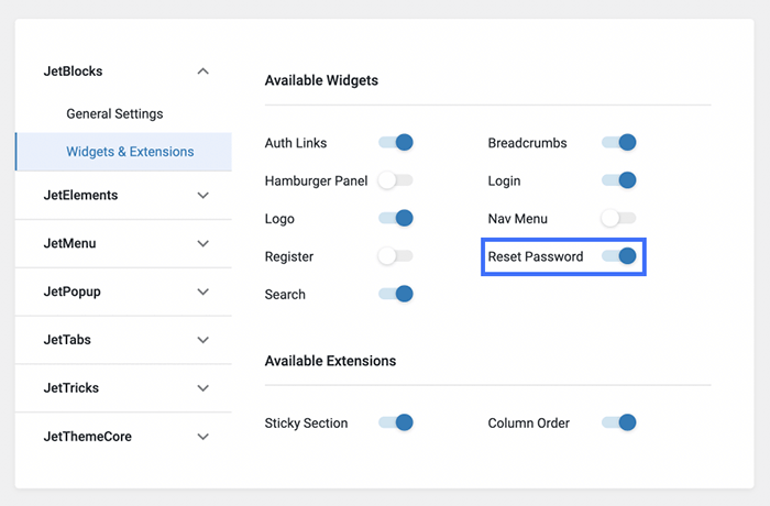 enabling reset password widget