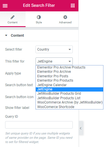 content settings in search filter widget