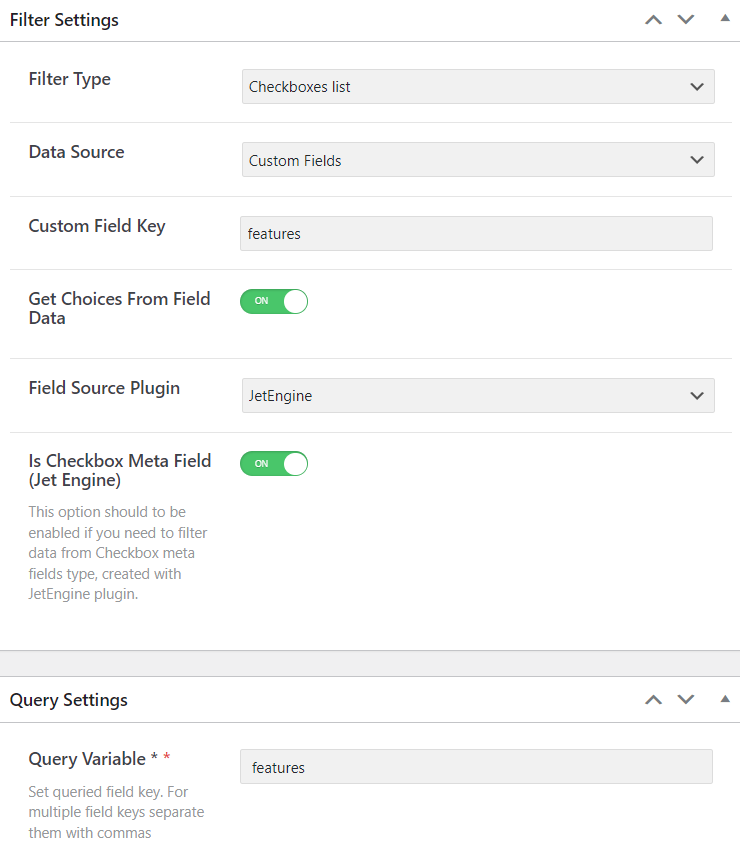 checkboxes list filter settings