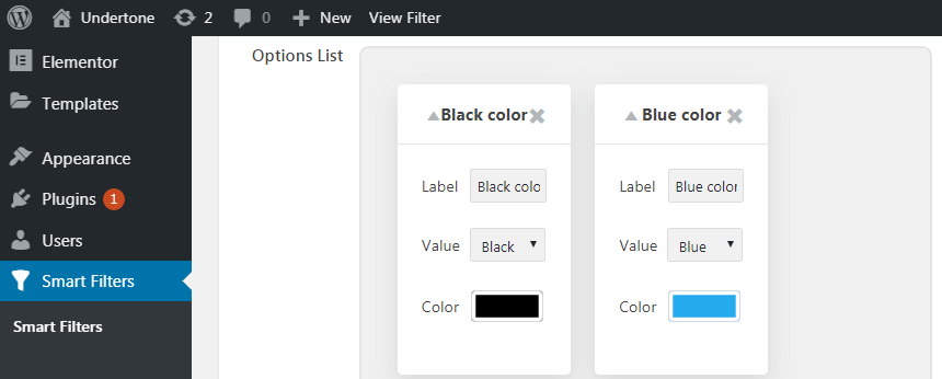 options list settings in smart filters block