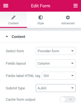 form widget settings