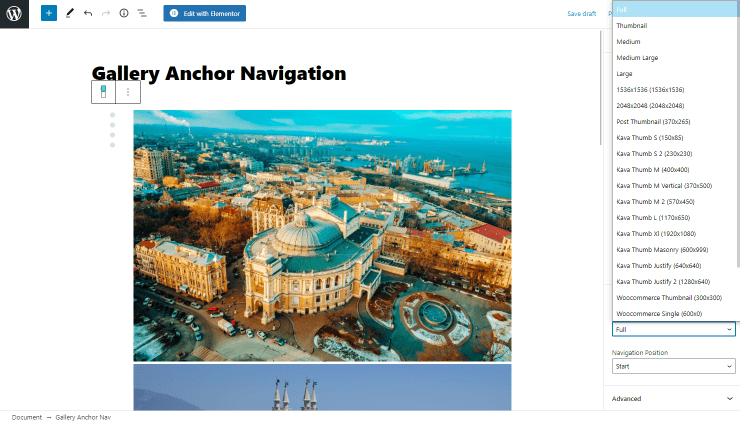 gallery anchor navigation images settings