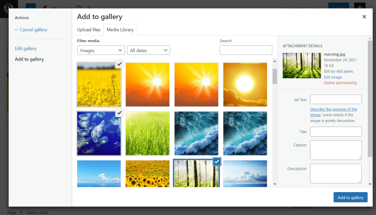 gallery grid adding pictures to media library