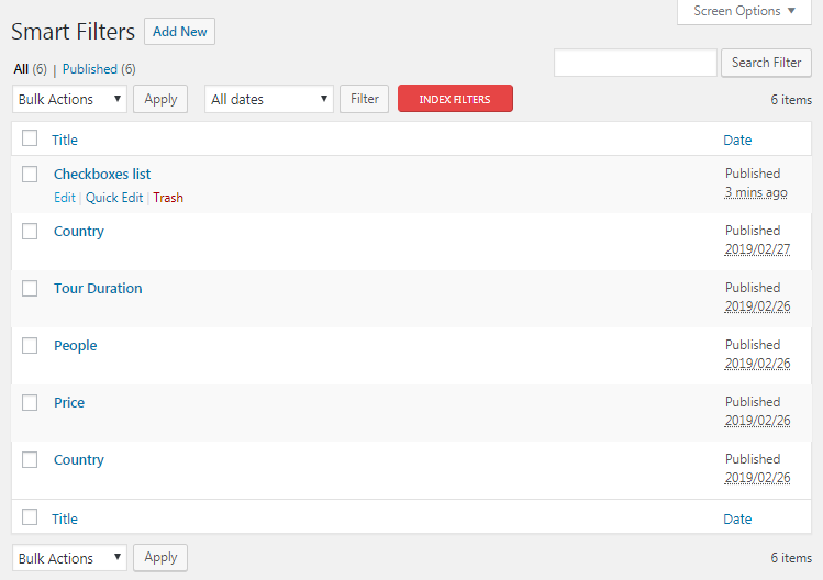 index filters button on page for indexing filters
