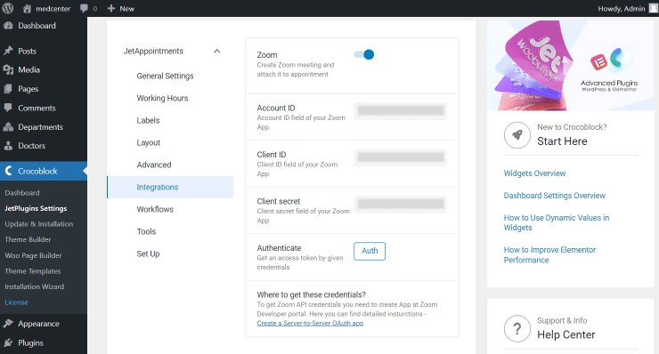 jetappointments zoom integration settings