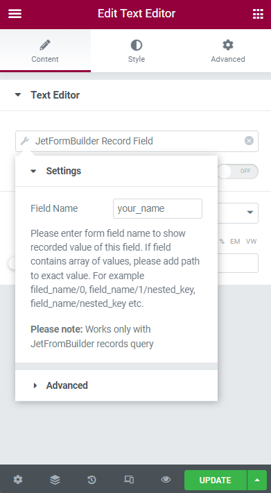 jetformbuilder record field dynamic tag