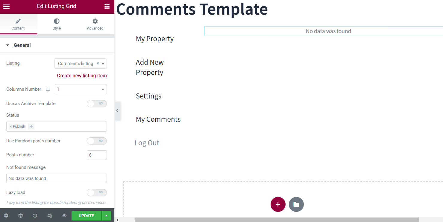 listing grid custom query in the comments elementor template