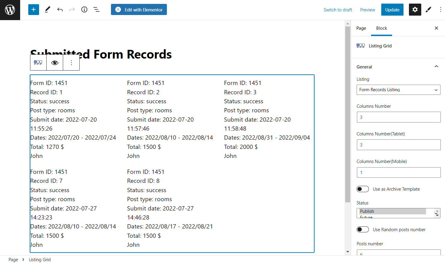 listing grid with submitted form records