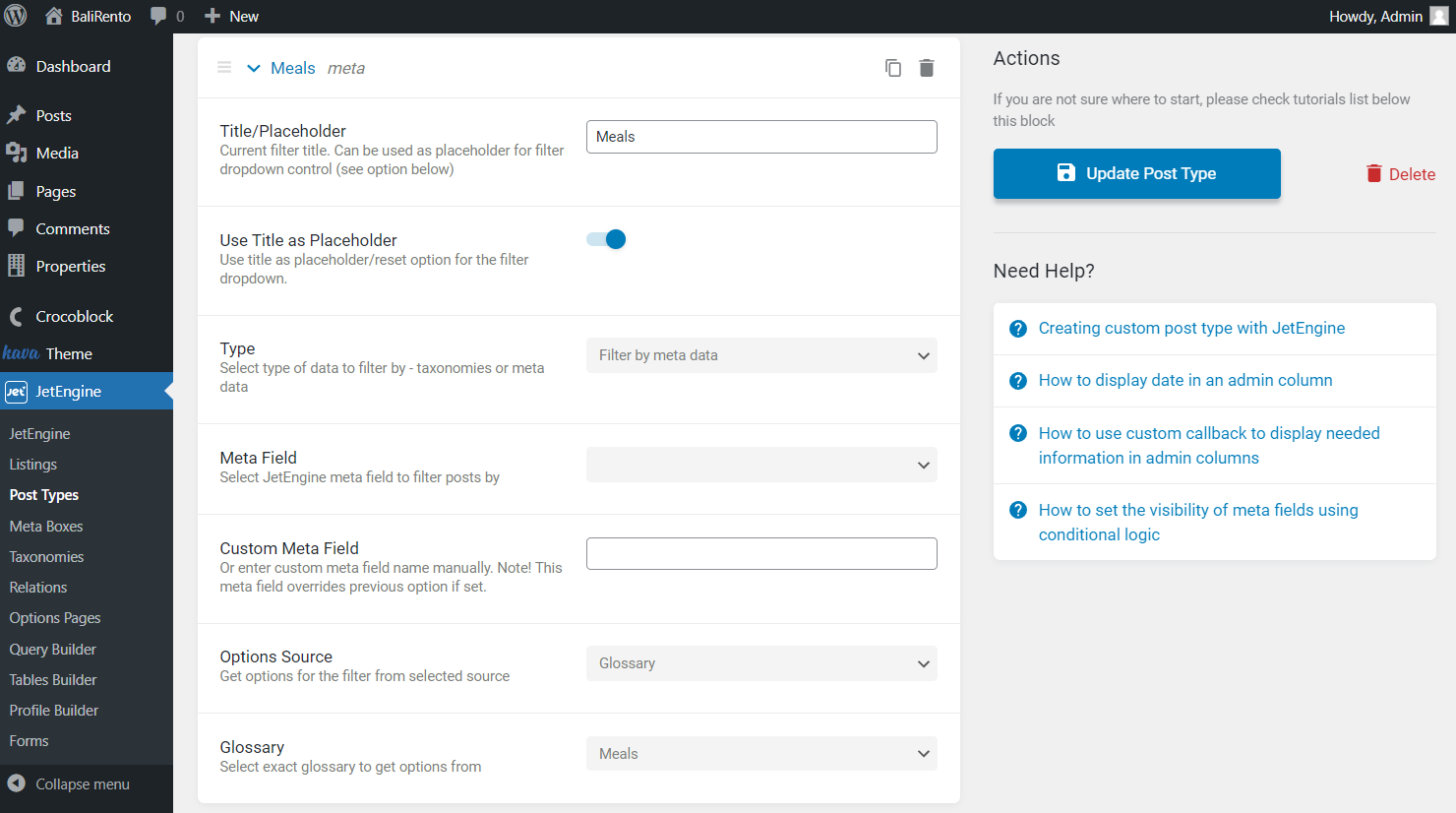 meals meta data admin filter