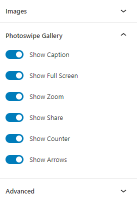 photoswipe gallery settings tab