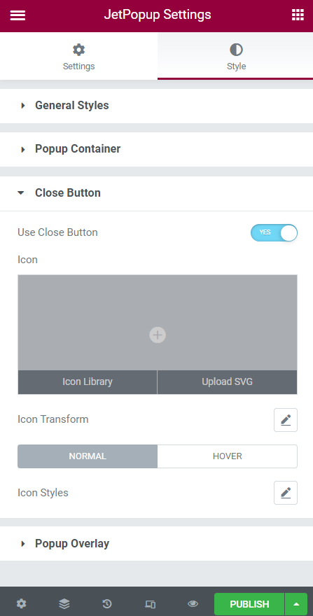 popup close button style settings