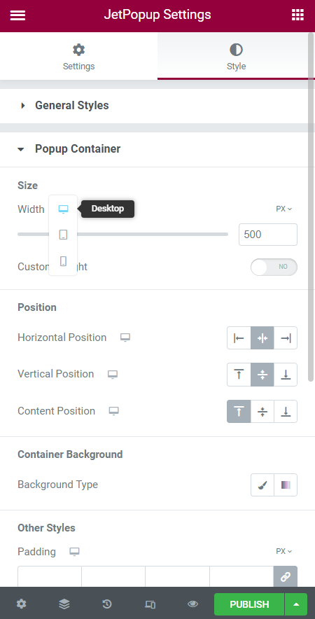 popup container style settings