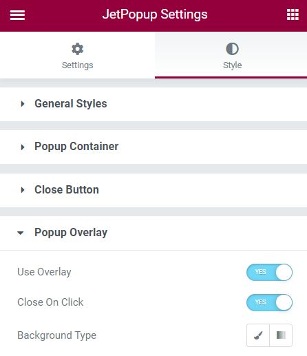 Popup Style Settings Overview in Elementor