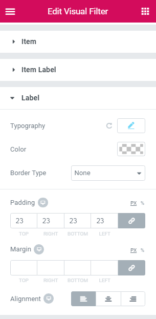 label settings in the visual filter widget