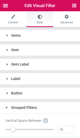 style settings in the visual filter widget