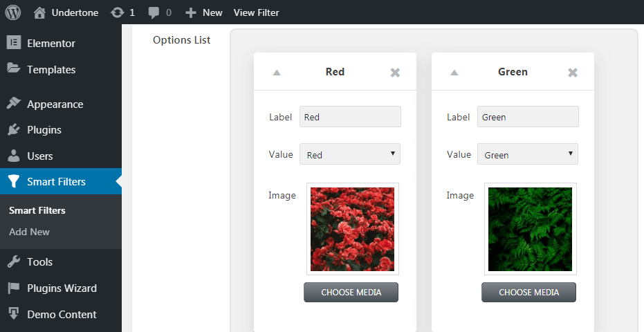 visual filter options settings