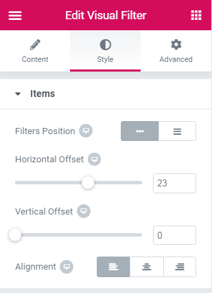 items style settings in the visual filter widget
