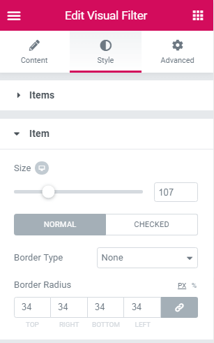 item style settings in the visual filter widget