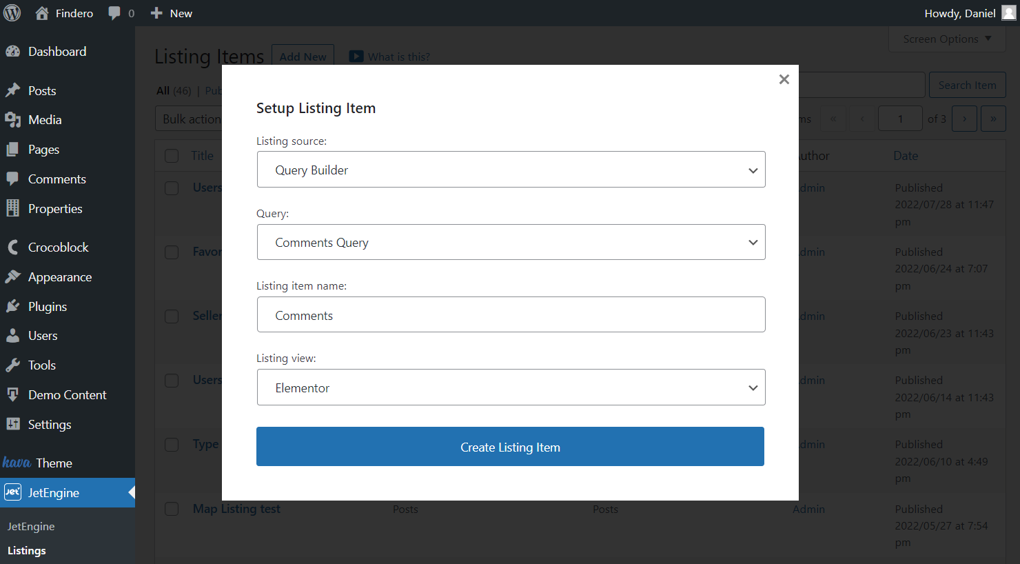 query builder listing item popup