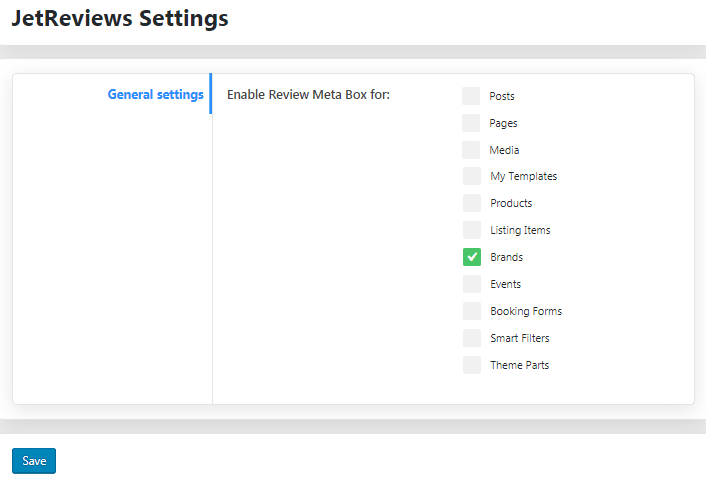 JetReviews Settings block in the WP Dashboard