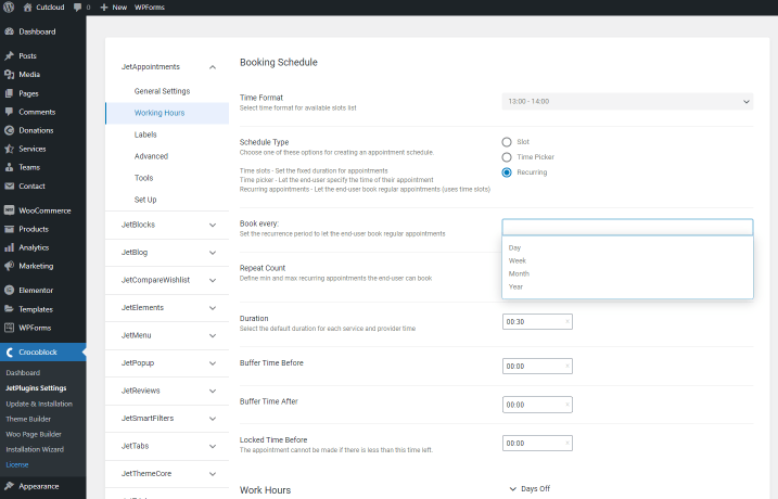 jetappointment working hours settings