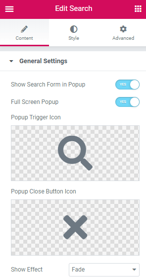 search popup settings