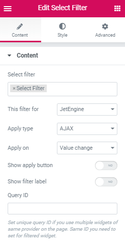 content settings in select filter widget