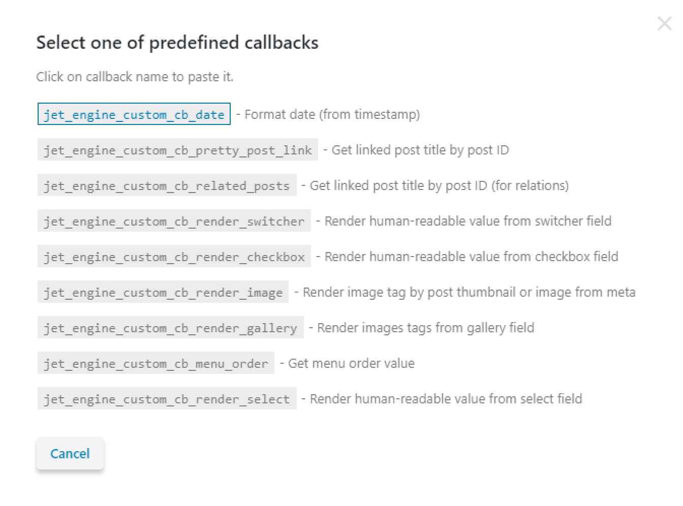 select one of predefined callbacks