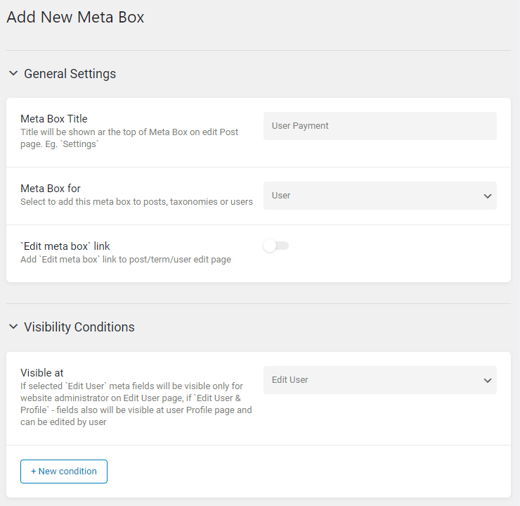 meta box general settings and visibility conditions