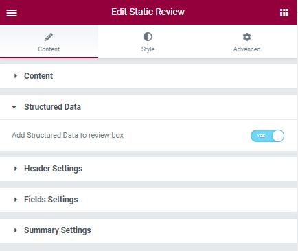 structured data settings of review widget settings