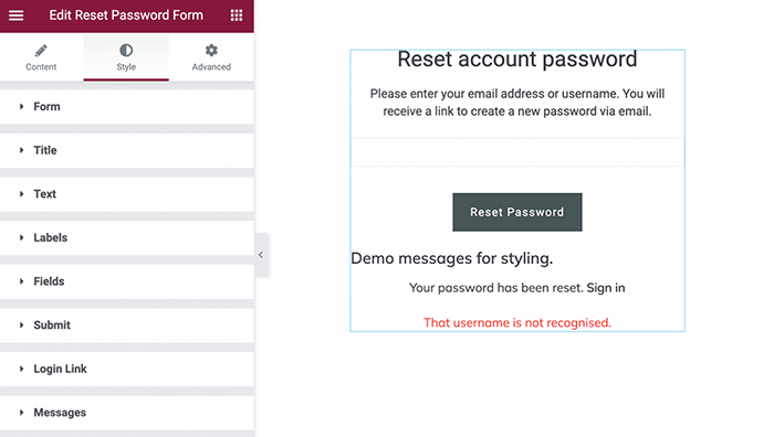 reset password form styling