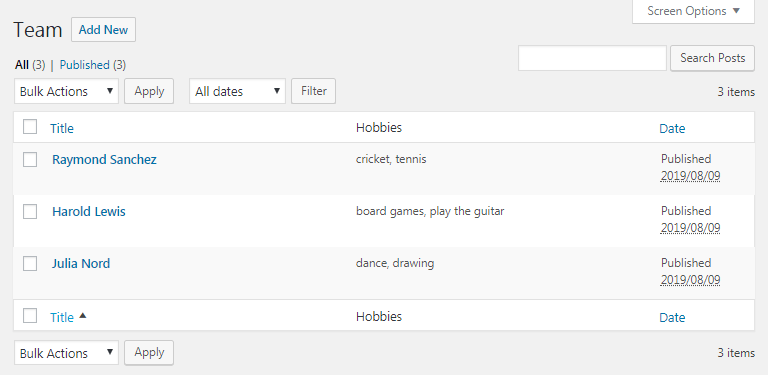 custom post type block in the wordpress dashboard