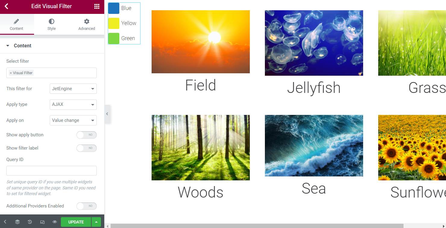 visual filter settings in elementor