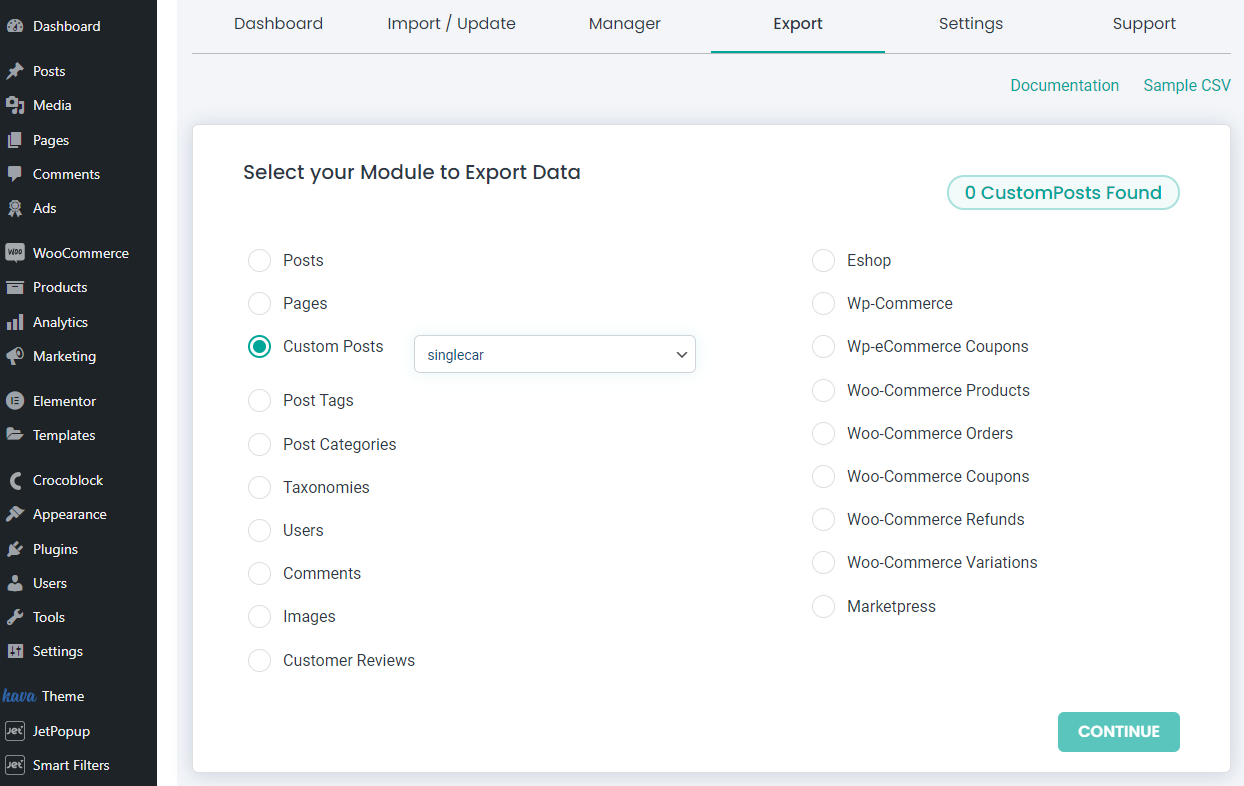 selecting a module to export data