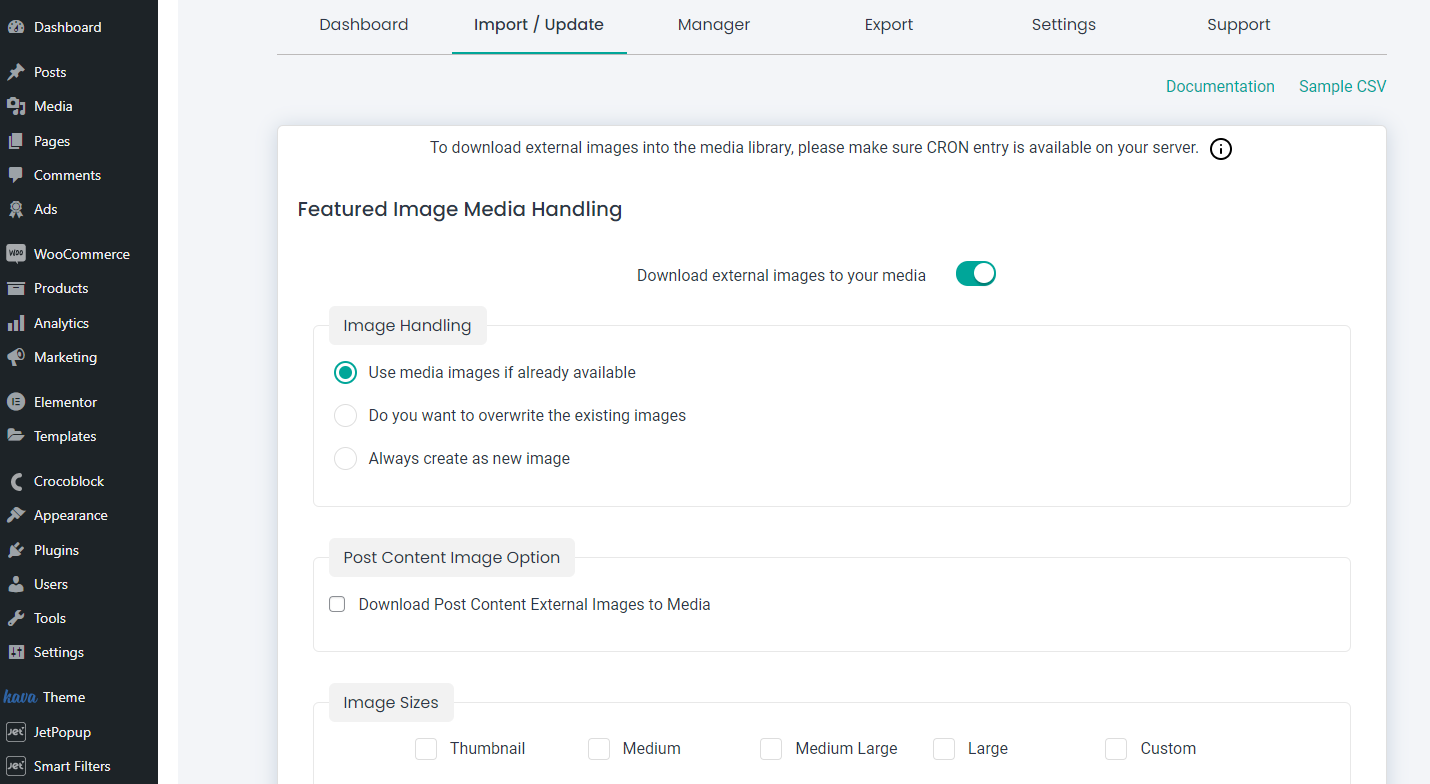 featured image media handling screen in CSV importer PRO
