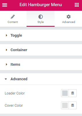advanced style settings of the hamburger menu