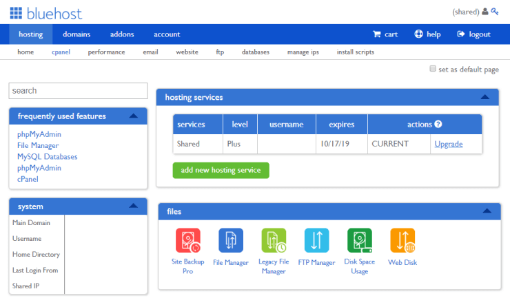 Bluehost cpanel page