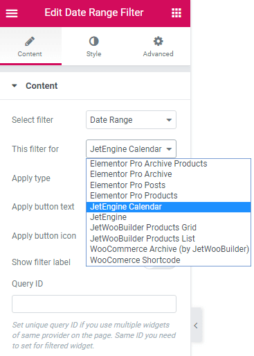 content settings in date range filter